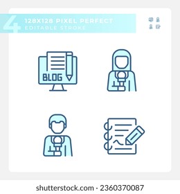 2D pixel perfect blue icons set representing journalism, editable thin line illustration.