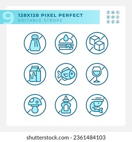 2D pixel perfect blue icons set representing allergen free, editable thin linear illustration.