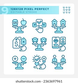 2D pixel perfect blue icons set representing comparisons, editable thin linear illustration.