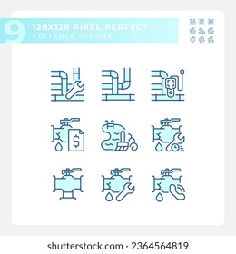 Iconos azules perfectos de píxeles 2D que representan la fontanería, la ilustración de línea delgada editable.