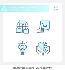 2D pixel perfect blue icons set representing soft skills, editable thin linear illustration.