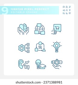 2D pixel perfect blue icons set representing soft skills, editable thin linear illustration.