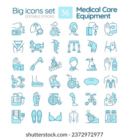 2D pixel perfect blue icons pack representing medical equipment, editable thin line illustration.