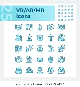 2D pixel perfect blue icons pack representing VR, AR and MR, editable thin line illustration.