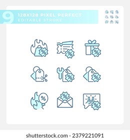 2D pixel perfect blue icons set representing discounts, editable thin line illustration.