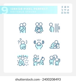 2D pixel perfect blue icons set representing psychology, editable thin line illustration.