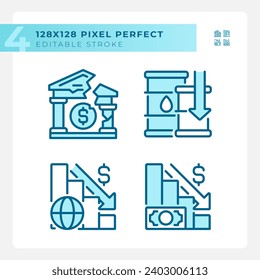 2D pixel perfect blue icons set representing economic crisis, editable thin line illustration.