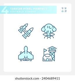 2D Pixel perfekte blaue Symbole, die Waffen darstellen, bearbeitbare dünne Linie Illustration.