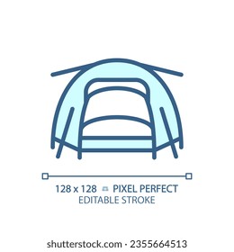 2D pixel perfect blue tent icon, isolated vector, editable hiking gear thin line illustration.