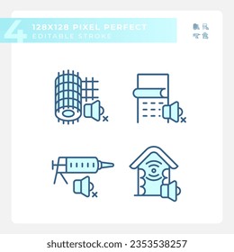 Paquete de iconos de línea delgada azul perfecto en píxeles 2D que representan la insonorización, ilustración editable.
