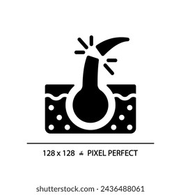 Icono de estilo de glifo de pelo roto perfecto de píxel 2D, vector aislado, ilustración de silueta negra simple de cuidado del cabello.