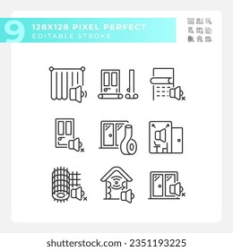 2D pixel perfect collection of icons representing soundproofing, editable black thin line illustration.
