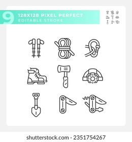 2D pixel perfect collection of icons representing hiking gear, editable isolated black thin line illustration.