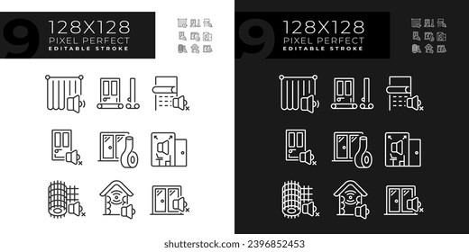 2D pixel perfect collection of icons representing soundproofing, editable light and dark mode thin line illustration.