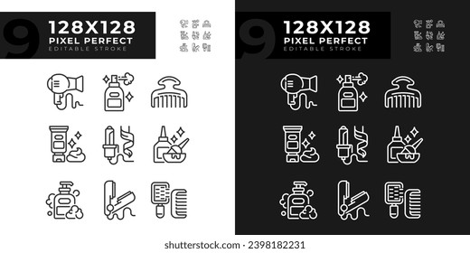 Colección perfecta de iconos en píxeles 2D que representan el cuidado del pelo, imagen editable de línea delgada y oscura.