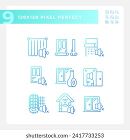 Colección perfecta de píxeles 2D de iconos que representan la insonorización, ilustración de línea delgada azul gradiente.