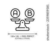 2D pixel perfect customizable black A and B on weight scale icon, isolated vector, thin line illustration representing comparisons.