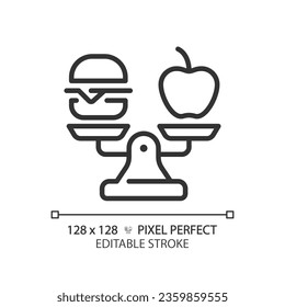 2D pixel perfect customizable black food on weight scale icon, isolated vector, thin line illustration representing comparisons.