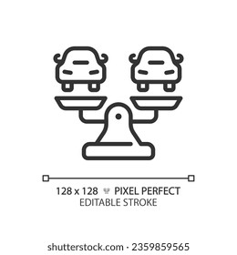 2D pixel perfect customizable black cars on weight scale icon, isolated vector, thin line illustration representing comparisons.