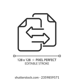 Documentos negros de píxeles 2D perfectos personalizables con icono de símbolos de flecha, vector aislado, ilustración de línea delgada que representa comparaciones.