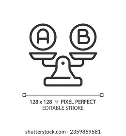 2D pixel perfect customizable black A and B on weight scale icon, isolated vector, thin line illustration representing comparisons.