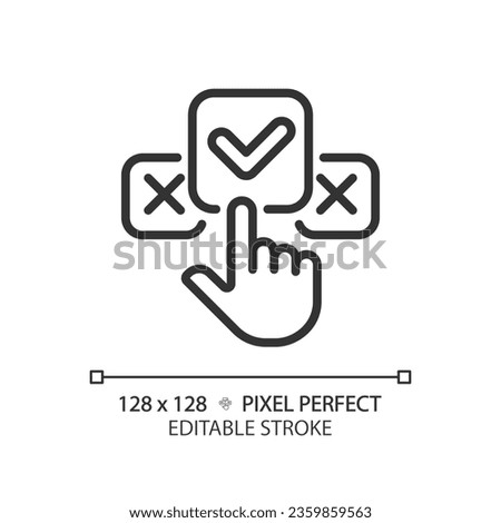 2D pixel perfect customizable black clicking on check mark icon, isolated vector, thin line illustration representing comparisons.