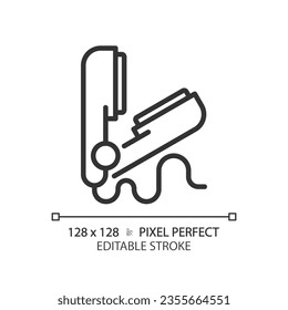Icono negro de alisador de pelo perfecto en píxeles 2D, vector aislado, peinado delgado de línea simple ilustración.