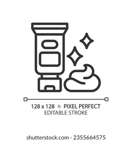 Icono negro de crema de pelo de píxeles 2D perfecto personalizable, vector aislado, peinado delgado línea simple ilustración.