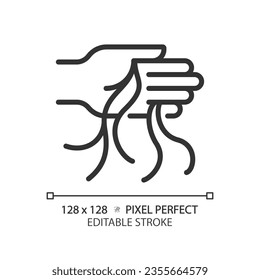 2D pixel perfect customizable hand washing hair black icon, isolated vector, haircare thin line simple illustration.