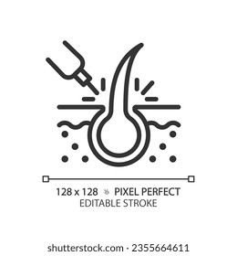 2D pixel perfect customizable laser hair treatment black icon, isolated vector, haircare thin line simple illustration.