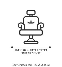 Icono negro de silla de salón de píxeles 2D perfecto personalizable, vector aislado, peinado delgado línea simple ilustración.