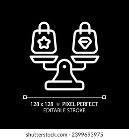 2D pixel perfect customizable white shopping bags on weight scale icon, isolated vector, thin line illustration representing comparisons.