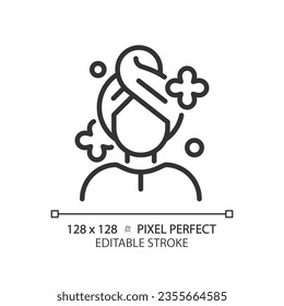 2D pixel perfect customizable woman with hair wash black icon, isolated vector, haircare thin line simple illustration.