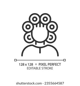 Mujer perfecta en píxel 2D con rodillos en icono negro de cabeza, vector aislado, peinado delgado de línea simple ilustración.