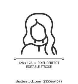 2D pixel perfect customizable woman with wavy hairstyle black icon, isolated vector, haircare thin line simple illustration.