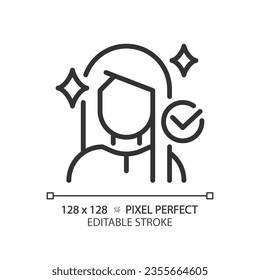 2D pixel perfect customizable woman with shiny hairstyle black icon, isolated vector, haircare thin line simple illustration.