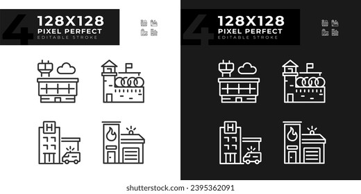 2D pixel perfect dark and light mode linear icons set representing various buildings, editable thin line illustration.