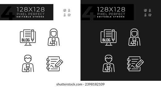 2D pixel perfect dark and light icons set representing journalism, editable thin line illustration.
