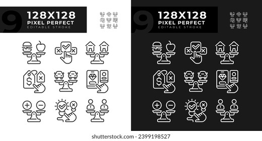 2D pixel perfect dark and light icons set representing comparisons, editable thin linear illustration.