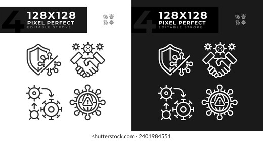 2D pixel perfect dark and light icons collection representing bacteria, editable thin line illustration.