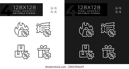 2D pixel perfect dark and light icons set representing discounts, customizable thin line illustration.