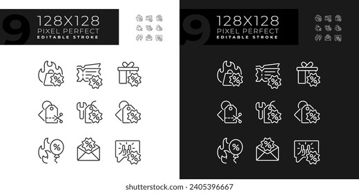 2D pixel perfect dark and light icons set representing discounts, customizable thin line illustration.