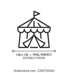 2D pixel perfect editable black circus tent icon, isolated vector, building thin line illustration.