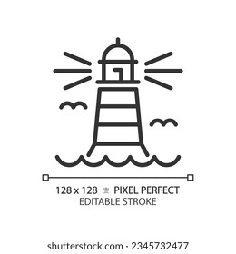 2D pixel perfect editable black lighthouse icon, isolated vector, building thin line illustration.
