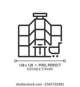 Icono del centro comercial negro de píxeles 2D perfecto editable, vector aislado, construcción de ilustración de línea delgada.
