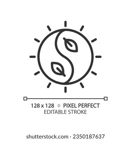 2D pixel perfect editable black yin and yang icon, isolated vector, meditation thin line illustration.