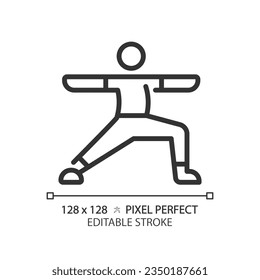 2D pixel perfect editable black yoga exercise icon, isolated vector, meditation thin line illustration.