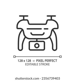 2D pixel perfect editable black drone icon, isolated vector, thin line illustration representing journalism.