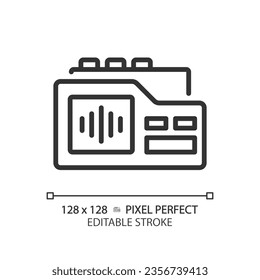2D pixel perfect editable black voice recorder icon, isolated vector, thin line illustration representing journalism.