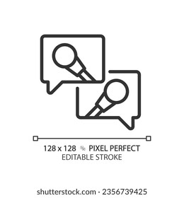 2D pixel perfect editable black media interview icon, isolated vector, thin line illustration representing journalism.